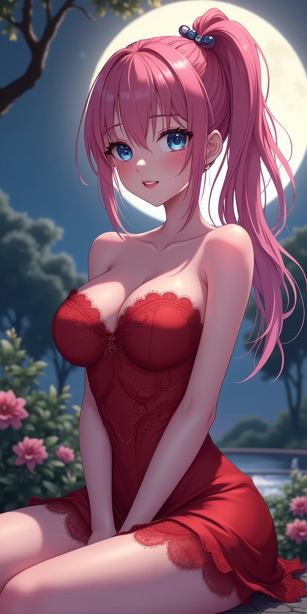 (best quality, ultra-detailed, photorealistic: 1.39), bright and vibrant colors, studio lighting, romantic expression, An effeminate girl, with a delicate and beautiful face. She is a girl who reflects seductive beauty, sparkling eyes, A beautiful adult woman beautiful and voluminous dark pink hair, ponytail, bow in the hair, crying a seductive 2 woman with big breasts seduces, with her large breasts seduces, beautiful red lace dress, strapless, short dress with chain details, in a senaual seated pose, pose, with beautiful legs, with her blue eyes beautiful romantic smile, full pink lips, in a beautiful pose seduction in the garden at night, fountain, beautiful moon, summer event, anime style, like a manwha character