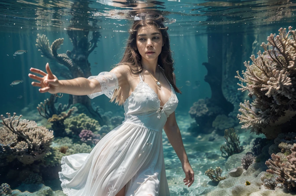 High detail CG，rich details​，An underwater world in the sun，deep water，water bubbles，small fish swimming around，Dress normally，White lace dress，The outside is covered with a white coat，Dragon girl，Wear an exaggerated necklace，Brown hair long，The sun shines on the body，glowing white，The art of clocking in