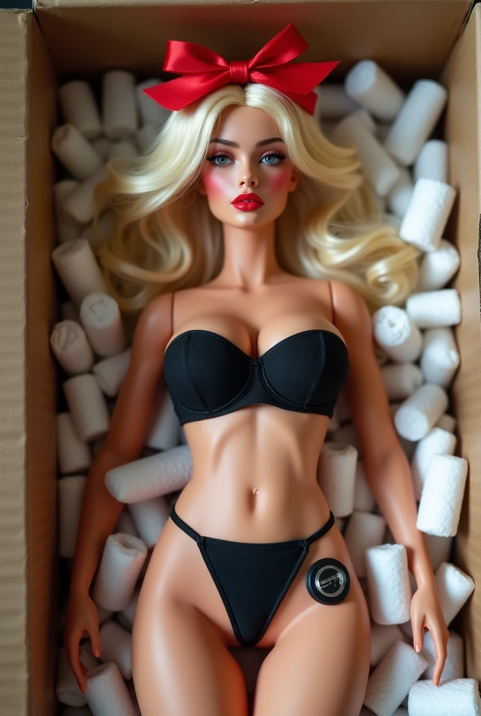 View from above, unboxing a beautiful young blonde European realistic proportioned sex doll, Beautiful realistic human face, strapless black bra, big breasts, red gift bow on her head, inside a shipping carton with polystyrene packing peanuts, blushing, opening her lips, heavy red lipstick, White skin, pores, open legs, realistic feet, open battery compartment, USB connector on hip bone