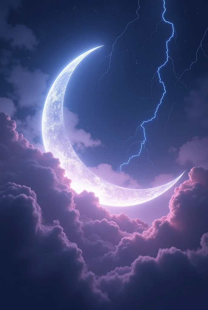 Very large, bright and imposing crescent moon ,purple sky with clouds , stars in the sky,Realist,sky filled with blue lightning,no spots on the moon