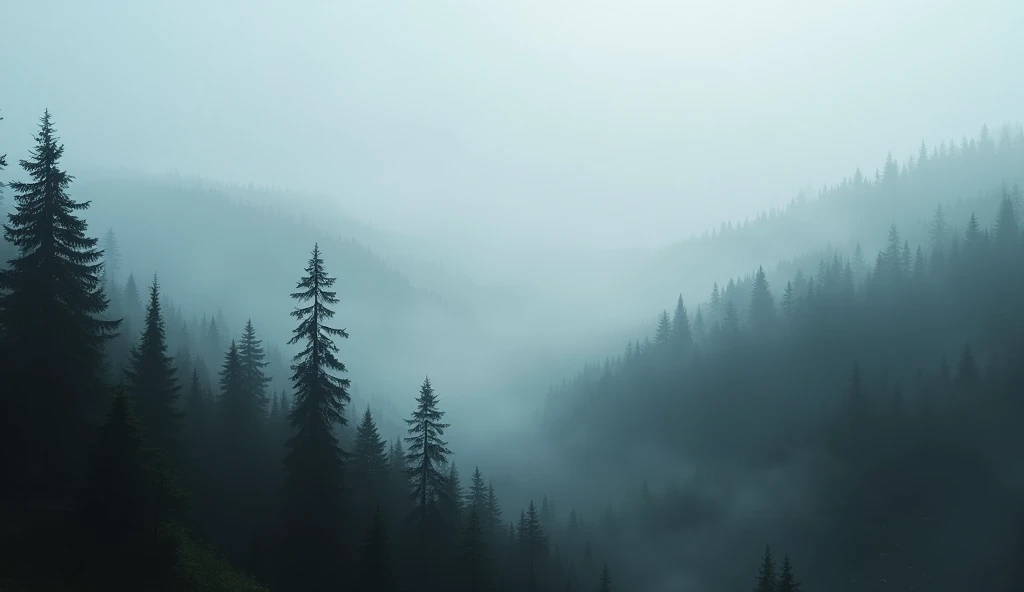Misty high forest scenery, misty forest, dark misty forest background, gray forest background, dark pine trees, forested, soft forest background, gray forest in the background, misty forest scene, vast forest, photo nebula 8k, Dark fog colors