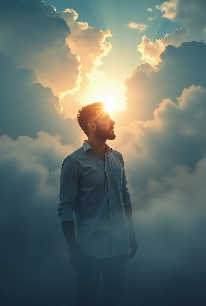 A man with a face of light above the clouds