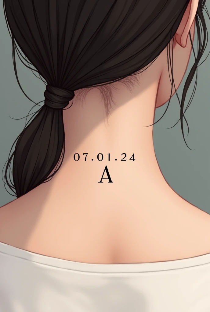 Can you show me some sketches of what a tattoo would look like with the date 07-01-24 and the letter A at the end on the neck?