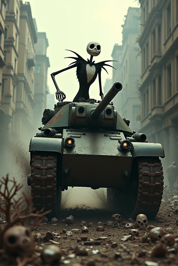 Jack Skellington running over last war zombies in a tank