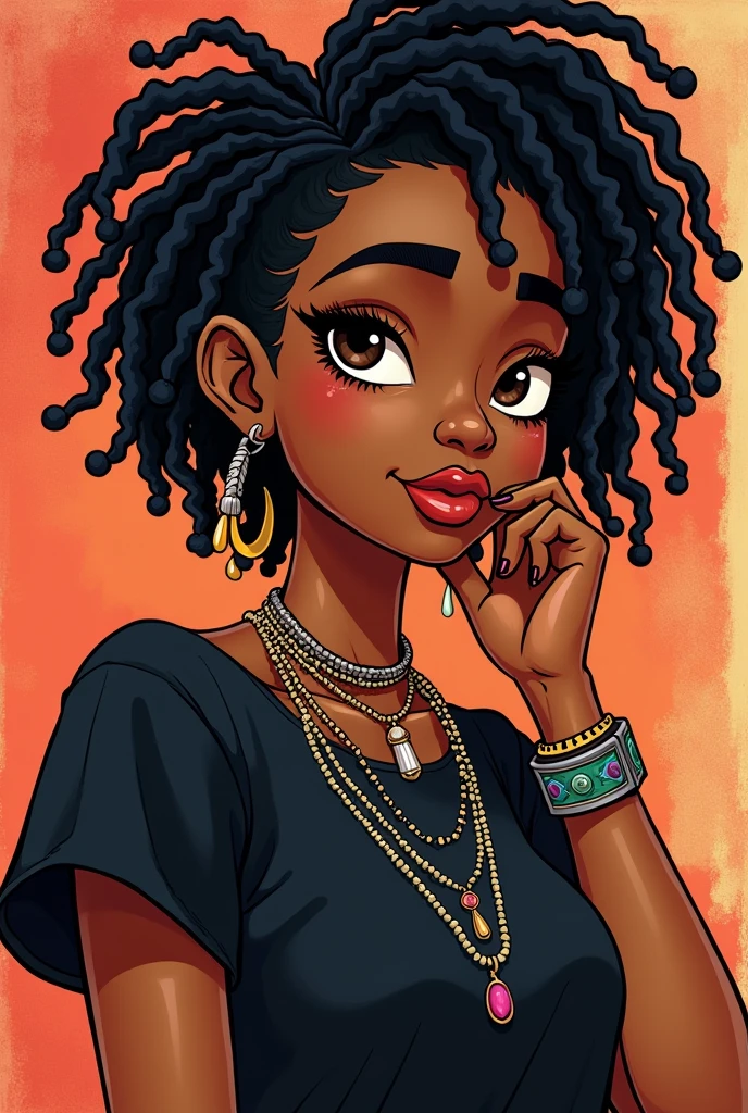 (cartoon art style) carmel skinned girl with short black locs, wearing three necklaces and bracelets, black band tshirt, grunge background, dark brown eyes,