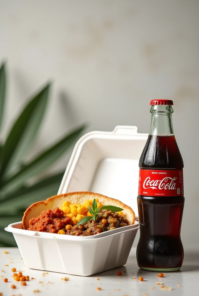 Create a realistic image with reference to professional photos of a round white Styrofoam lunch box with homemade Brazilian food and a 250 ml Coca-Cola bottle next to it