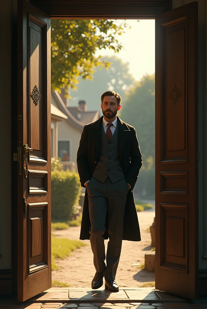 Rian Gosling is in the 1900's by day.
Rian Gosling opens the door of a house