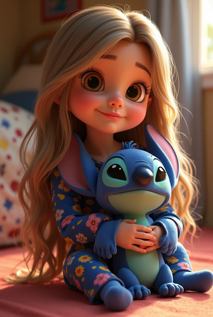 child with long dark blonde hair wearing joy pajamas from the movie inside out 2 holding Stitch the teddy bear from the movie Lilo and Stitch