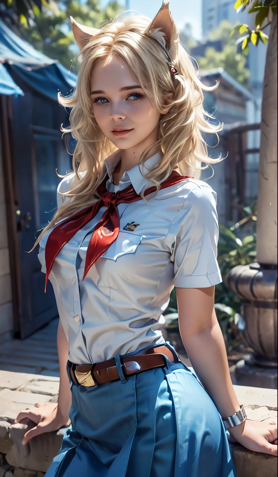 high quality picture, UHD, perfect light, detailed picture, masterpiece, very young slim fit girl, full height, rounded face, (long curly disheveled blond hair:1.4), big blue eyes, shy smile, perfect medium breast, band on head with fake cat ears, monroe, pioneer neckerchief, short tight blue pleated skirt, bangs, tight white shirt, short sleeves, collared shirt, belt, red neckerchief, breast pocket