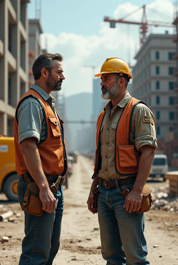  construction worker (White man)  with sadness on his face talking to his boss at the construction site asking if he could give him full time work because now he won&#39;t be studying anymore Horizontal Image
