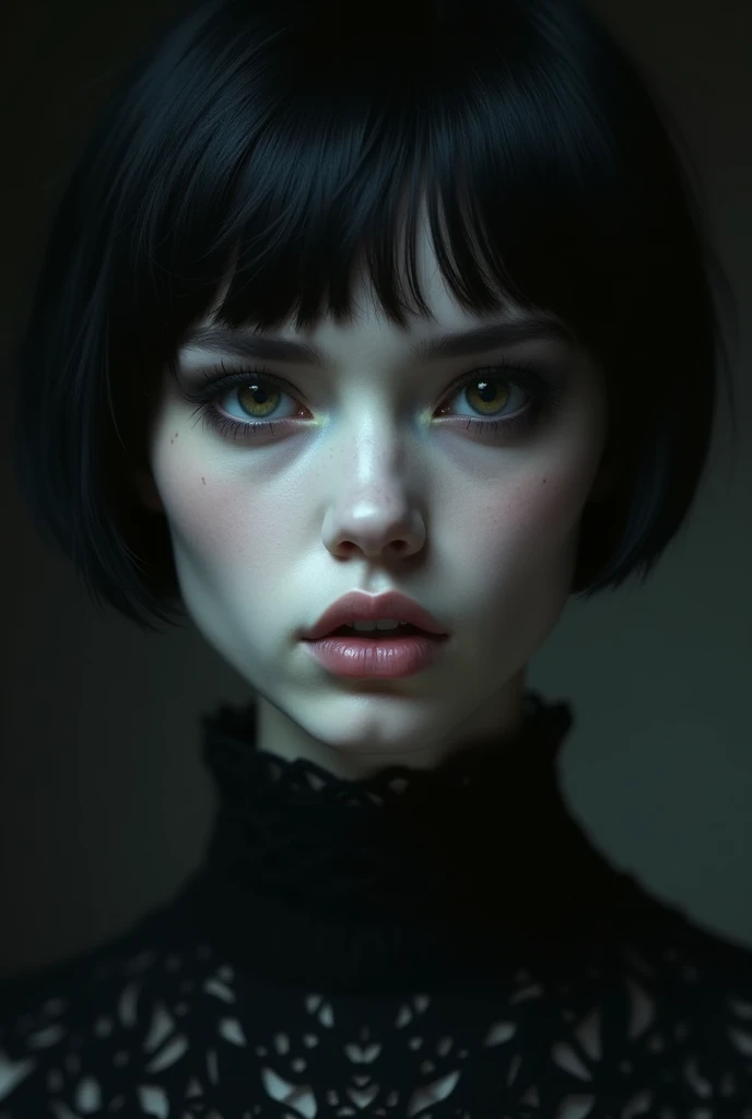 of with 1,84m, has very white skin. His extremely black eyes and extremely black hair, and the face slightly thin, black and full eyebrows, piercing in the shadow, , thin, pretty nose and slightly large, pink mouth, with a very feminine face and short hair