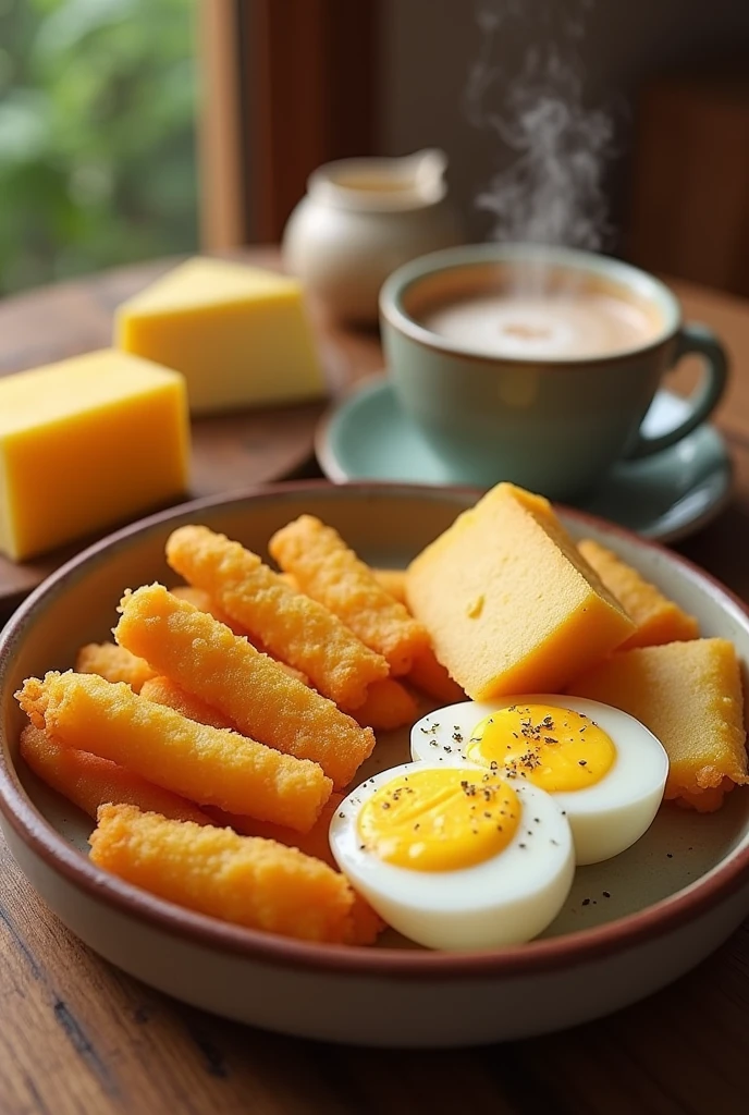 A breakfast that only contains fried yuca sticks, boiled eggs, a piece of cheese and tea with milk.
