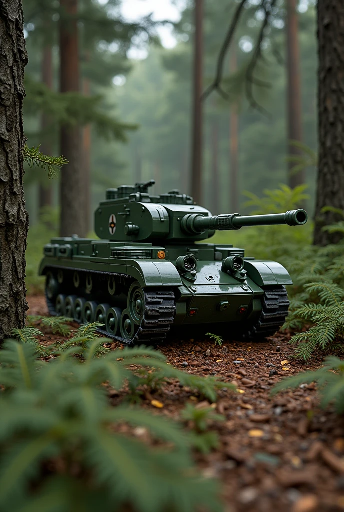 lego ww2 tank, hiding in trees, green
