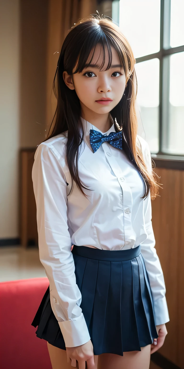 (Tabletop, Highest quality:1.4), Beautiful Face, 8k, 85mm, Absurd, from the front、1、1、((Very cute high school :1.4))、((hotel lobby:1.4))、(((White short-sleeved shirt for school uniform:1.4)))、 ((Cowboy Shot:1.5))、Delicate, alone、((Dark blue pleated skirt:1.4))、((Navy blue student bow tie:1.4))、((Dark blue socks:1.4))、((Dark blue panties:1.4))、((Medium Long Straight Hair:1.4))、Show Viewer, Upper Body, Film Grain, chromatic aberration, Sharp focus, Face Light, Professional Lighting, Sophisticated, (Troubled expression:1.4), ( background, Bokeh background:1.2), ((Confused expression:1.4))、detailed aspects、