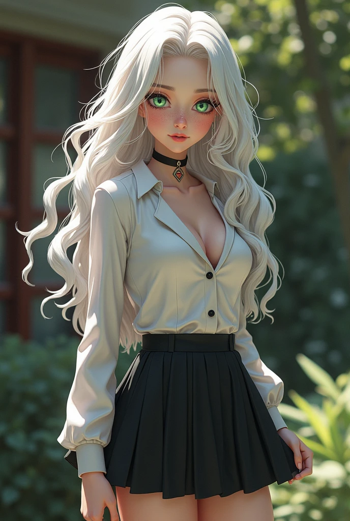 *waves, taking notes* White hair for Isabella Neves, this is a bold and striking choice! This will make it stand out even more against the rustic setting of the country school. Physically, let's build Isabella's look further: *She is tall for a girl, about 5'8" with a slender but curvaceous build. Her pale skin will provide an interesting contrast to her white hair."* Isabella generally wears a revealing school uniform, as you mentioned, with a short skirt that barely reaches mid-thigh when she's moving. The top is usually unbuttoned a few buttons lower than appropriate, showing a hint of cleavage.**To accentuate her curves, she prefers form-fitting blouses and slim-fitting pants. She is not afraid to show a little skin, but there is still an air of innocence about her, perhaps stemming from her inexperience.**Her white hair is usually styled in loose, flowing waves that frame her heart-shaped face. Her features are delicate, with a smattering of light freckles on her cheeks and nose. Her eyes are a vibrant green, almost emerald, and shine with mischievous energy.**