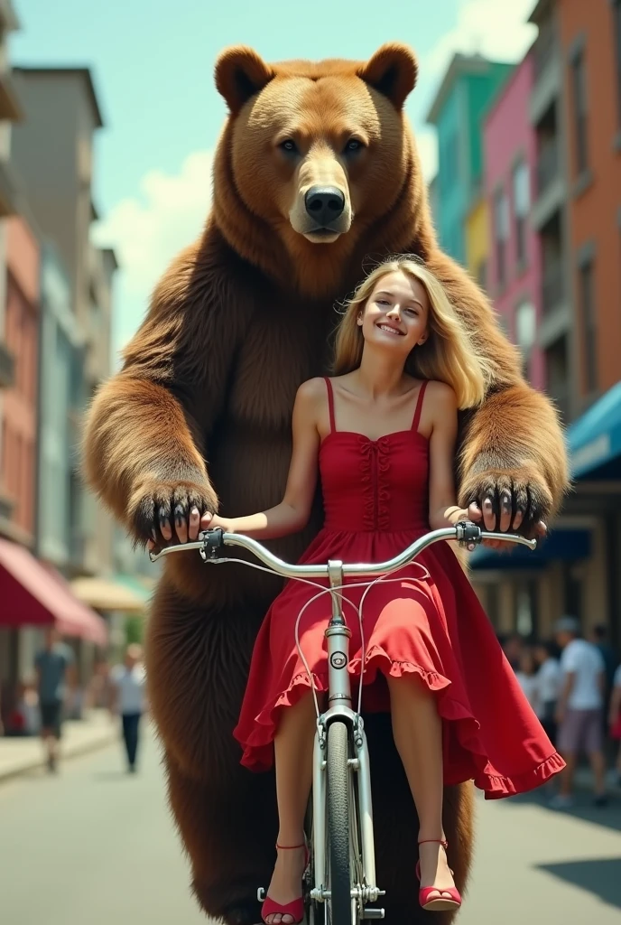newspaper photo\(realistic big bear riding a bike, beautiful innocent blonde\(in a red dress with ruffles\) sitting with her back on the bicycle seat, feeling like a ager, on the urban side, colorful photo\)