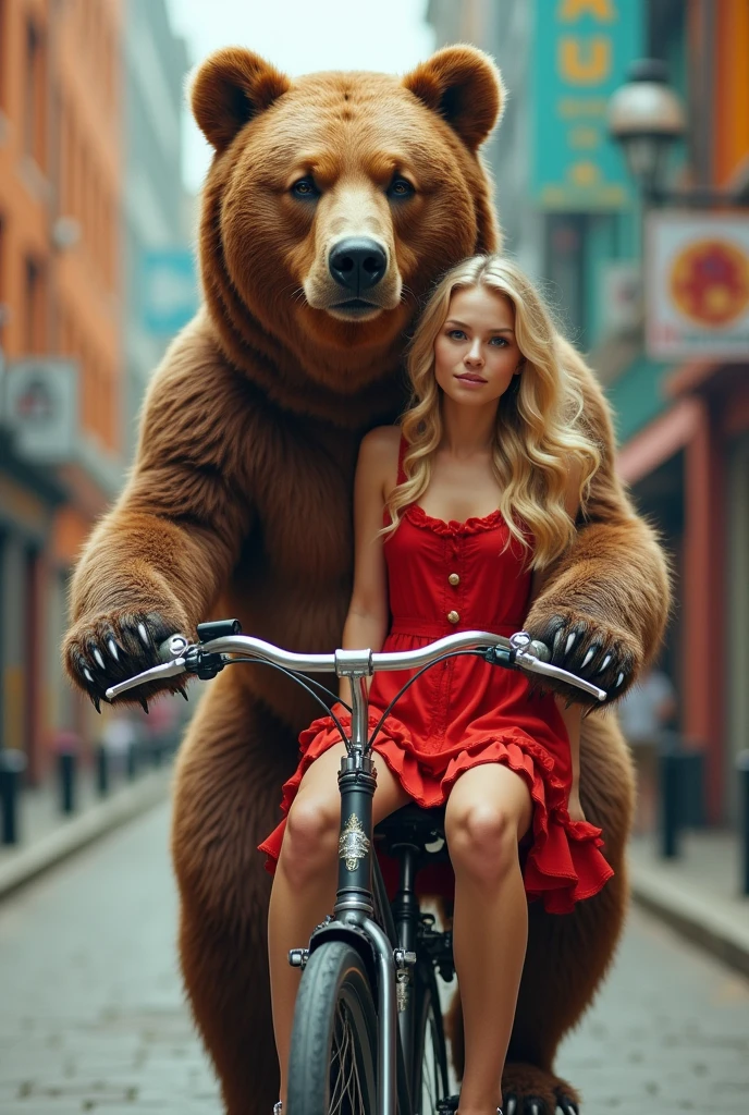 newspaper photo\(realistic big bear riding a bike, beautiful innocent blonde\(in a red dress with ruffles\) sitting with her back on the bicycle seat, feeling like a ager, on the urban side, colorful photo\)