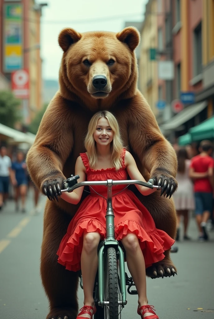 newspaper photo\(realistic big bear riding a bike, beautiful innocent blonde\(in a red dress with ruffles\) sitting with her back on the bicycle seat, feeling like a teenager, on the urban side, colorful photo\)
