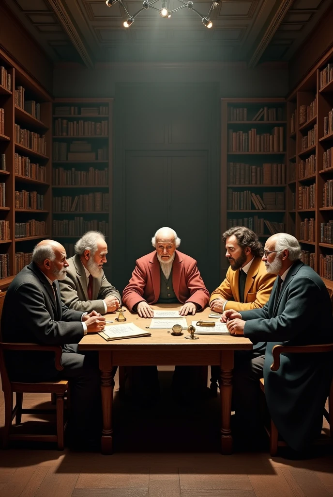 Make me a picture of a cover with Pythagoras, Descartes, Archimedes, Isaac Newton and John Dalton sitting at a table like the last supper discussing mathematics