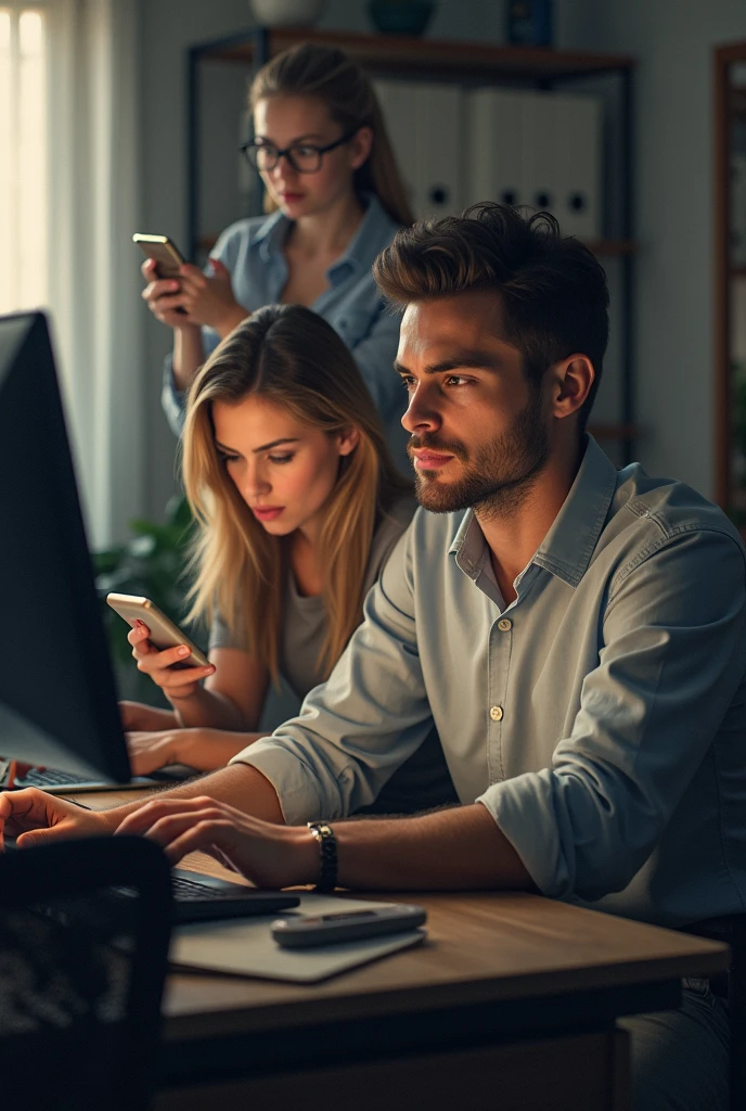 A man fiddling with the computer, a blonde woman using her cell phone, and a brunette woman with a light in her hand