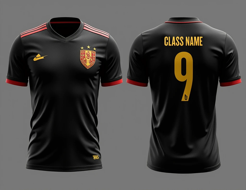 make a Belgium national team shirt for interclass make the front with the symbol of the Belgium national team and a symbol of a water also each of the symbols on the side of the chest. and the back must contain the name, number and class name below the number, shirt color black