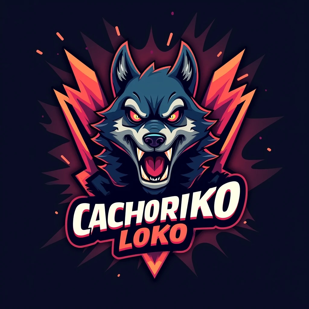 “High-quality, CS:GO themed logo design featuring a ‘crazy dog’ with a fierce, aggressive expression, incorporating elements from e-sports culture. The dog should have exaggerated, cartoonish features, like wild eyes and sharp teeth, embodying a ‘cachorro loko’ (crazy dog) persona. The text ‘cachorro loko’ should be bold and stylized to match the dynamic, intense energy of competitive gaming. The color palette should use vibrant, contrasting colors often seen in e-sports logos, with sharp lines and a modern, edgy aesthetic to appeal to a gaming audience.”