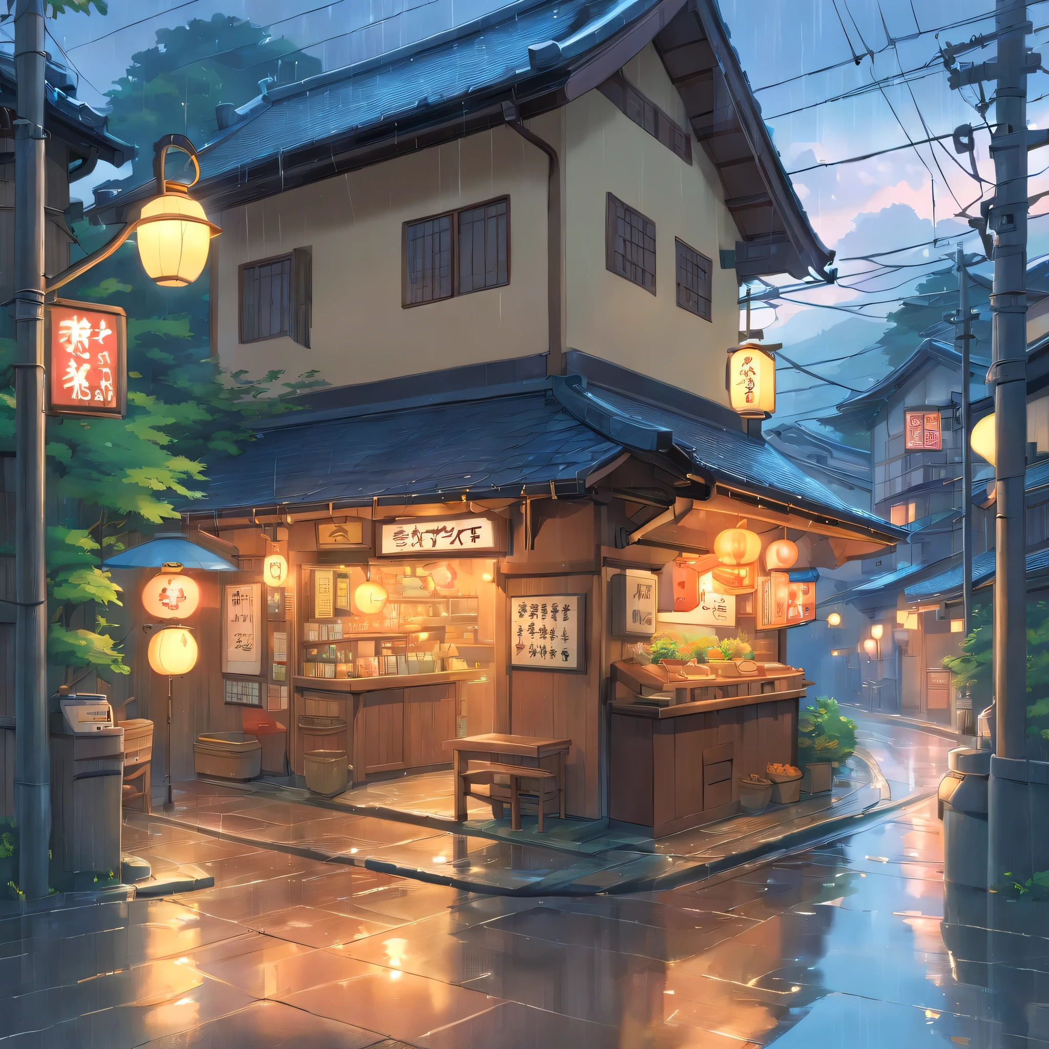 in the rain、high resolution、Cloudy、Photorealistic Stick、Calm down、Izakaya、goodwill、signboard、Japan townscape、Electric pole、A little bit of nature、Paved roads、Emotional、Countryside view、Lawson、