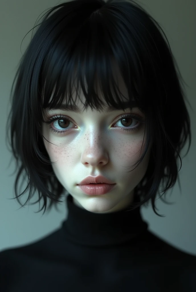 of with 1,84m, has very white skin. His extremely black eyes and extremely black hair, and the face slightly thin, black and full eyebrows, piercing in the shadow, , thin, pretty nose and slightly large, pink mouth, with a very feminine face and short hair style