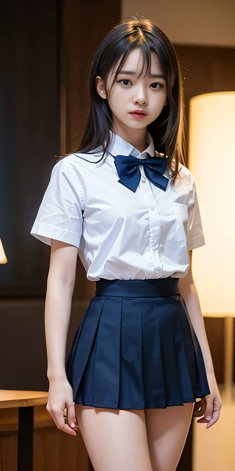 (Tabletop, Highest quality:1.4), Beautiful Face, 8k, 85mm, Absurd, from the front、１、1、((Very cute high school :1.4))、((hotel lobby:1.4))、(((White short-sleeved shirt for school uniform:1.4)))、 ((Cowboy Shot:1.5))、Delicate, alone、((Dark blue pleated skirt:1.4))、((Navy blue student bow tie:1.4))、((Dark blue socks:1.4))、((Dark blue panties:1.4))、((Medium Long Straight Hair:1.4))、Show Viewer, Upper Body, Film Grain, chromatic aberration, Sharp focus, Face Light, Professional Lighting, Sophisticated, (Troubled expression:1.4), ( background, Bokeh background:1.2), ((Confused expression:1.4))、detailed aspects、