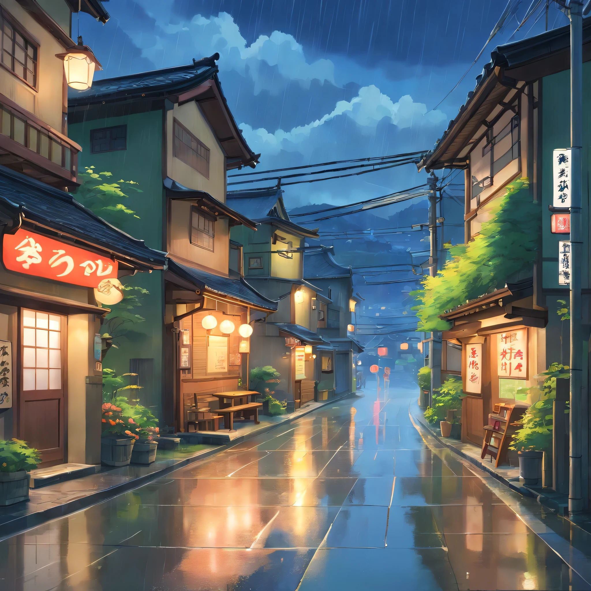 in the rain、high resolution、Cloudy、Photorealistic Stick、Calm down、Izakaya、goodwill、signboard、Japan townscape、Electric pole、A little bit of nature、Paved roads、Emotional、Countryside view、Lawson、