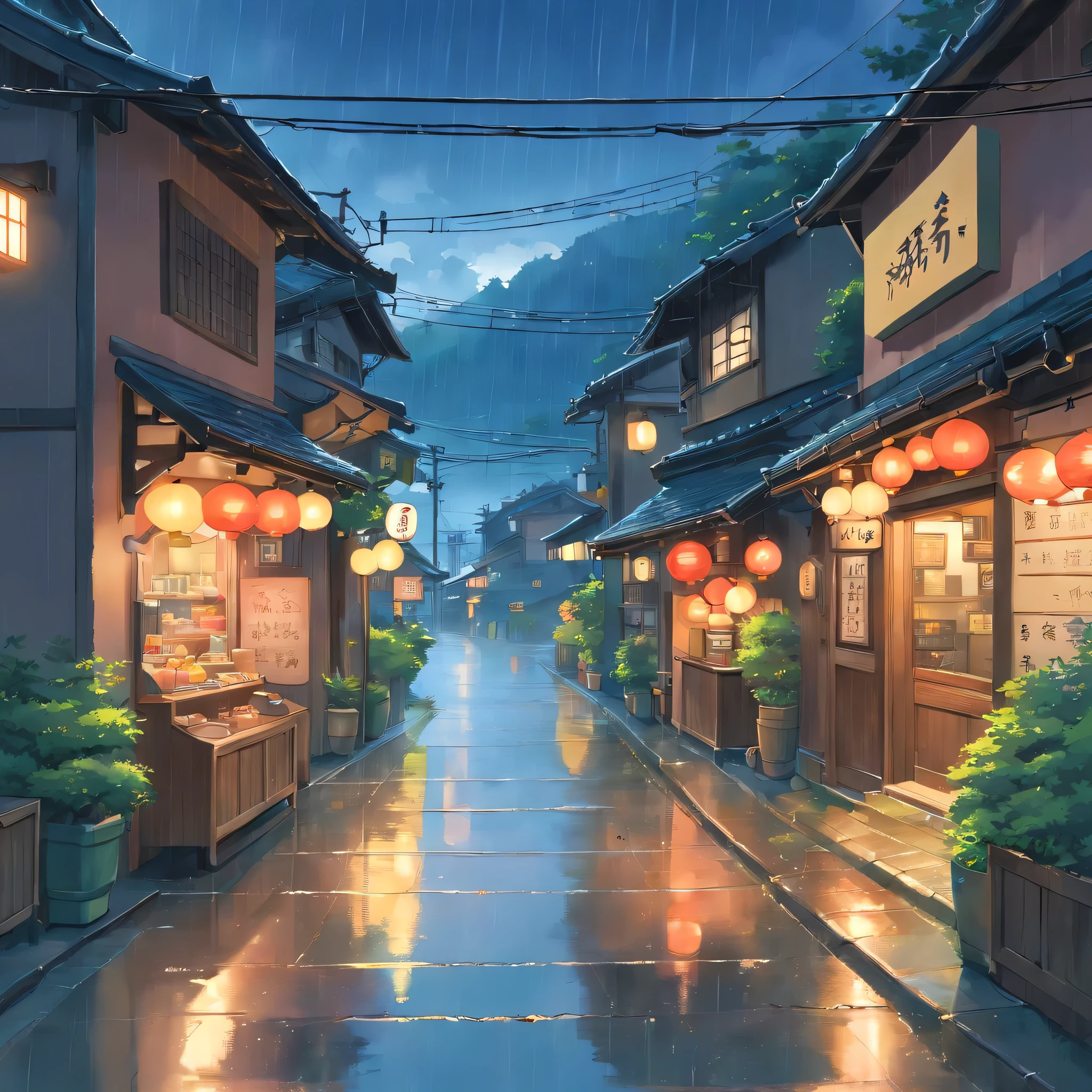 in the rain、high resolution、Cloudy、Photorealistic Stick、Calm down、Izakaya、goodwill、signboard、Japan townscape、Electric pole、A little bit of nature、Paved roads、Emotional、Countryside view、Lawson、