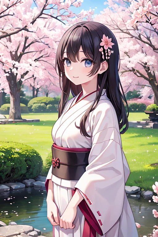 ((Highest quality)), ((masterpiece)), ((Realistic)), Standing in a tranquil Japanese garden with cherry blossoms at eye level、A girl with perfect beauty, Scenic, masterpiece, (High resolution), original, extremely detailed 8K , (photoRealistic:1.4),Perfect Face, Perfect Eyes,Symmetrical body type,smile,
