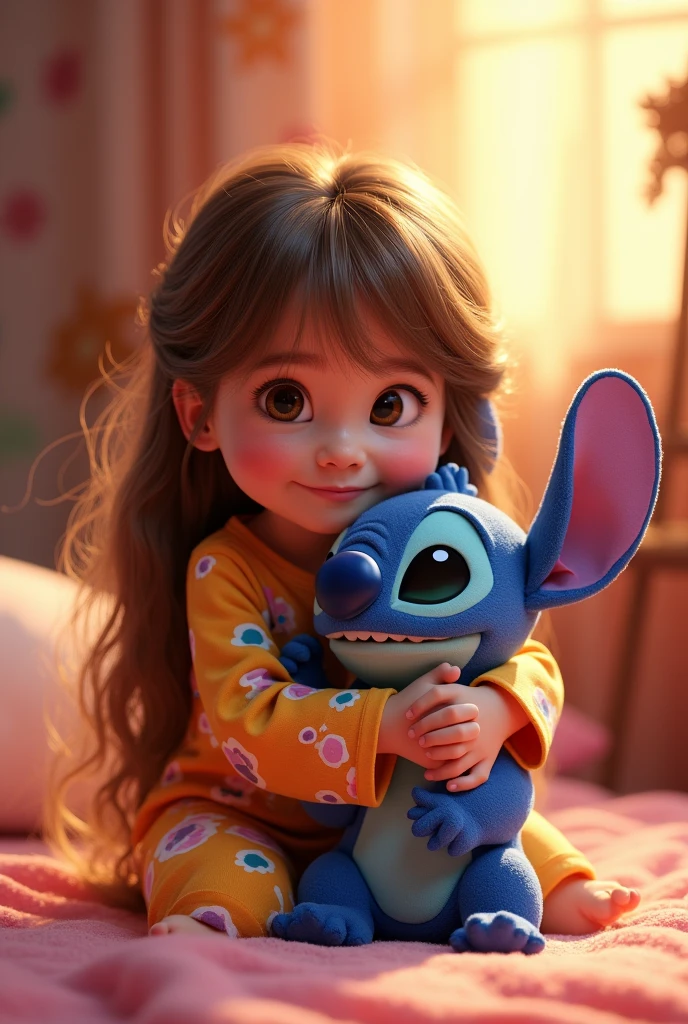  child with long brown blonde hair wearing joy pajamas from the movie inside out 2 holding Stitch the teddy bear from the movie Lilo and Stitch 