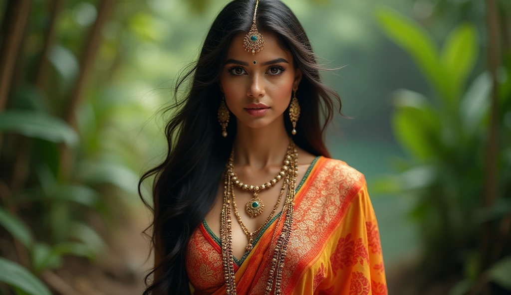 a woman in a sari posing for a photo, Indian goddess, traditional beauty, Indian, gorgeous goddess, ornate cosplay, Indian style, Indian super model, beautiful maiden, beautiful woman, Southeast Asia with long, Indian provocativoo, linda beautiful woman, complex outfit, hindu aesthetics, beautiful asian girl, extremely detailed goddess photo, jaw dropping beauty, large, deep neckline sexy navel, large, deep neckline, sexy Indian women, huge in sexy full body fusion bikni, beach background. Couples sandals for the forehead.