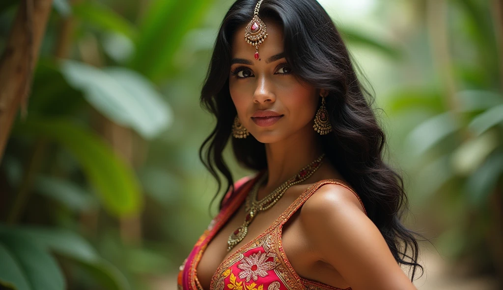 a woman in a sari posing for a photo, Indian goddess, traditional beauty, Indian, gorgeous goddess, ornate cosplay, Indian style, Indian super model, beautiful maiden, beautiful woman, Southeast Asia with long, Indian provocativoo, linda beautiful woman, complex outfit, hindu aesthetics, beautiful asian girl, extremely detailed goddess photo, jaw dropping beauty, large, deep neckline sexy navel, large, deep neckline, sexy Indian women, huge in sexy full body fusion bikni, beach background. Couples sandals for the forehead.
