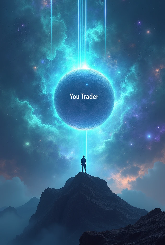 Universe nebula with massive sphere in the blue center with the word YOU TRADER in the center of the sphere and blue rays coming out of the sphere and with a man looking up ,on top of a mountain and sphere emitting a lot of energy a lot a lot of energy