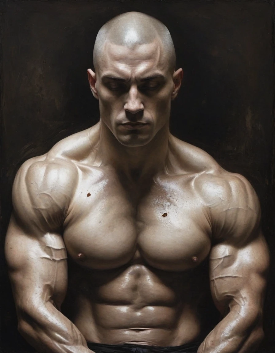 Macabre style, dark, gothic, grim, haunting, highly detailed, bodybuilder with shaved head, very tall, arms on head, (white but beautiful:1.4), (masterpiece, best quality:1.4) , in the style of nicola samori,
