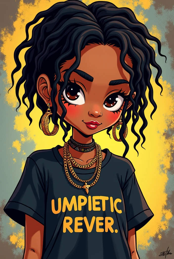 (cartoon art style) light skinned girl with short black locs, wearing three necklaces and bracelets, black tshirt that says “kiss my ass”, grunge background, dark brown eyes,