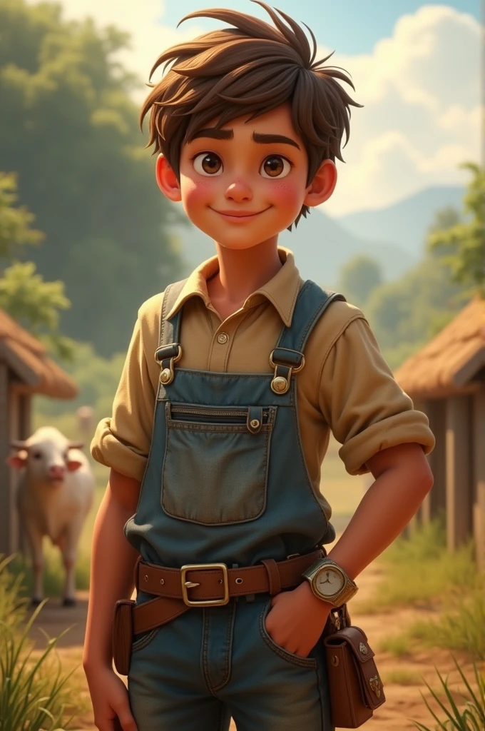 A boy, tall and relatively toned. Ruffled brown hair and dark eyes, he is smiling and has dimples. Wearing a mildly dirtied outfit, he is a farmer.