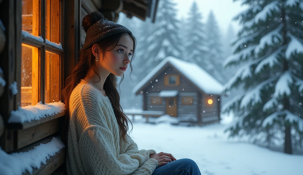 a house in a winter forest, a beautiful girl sits outside the window and looks out the window.