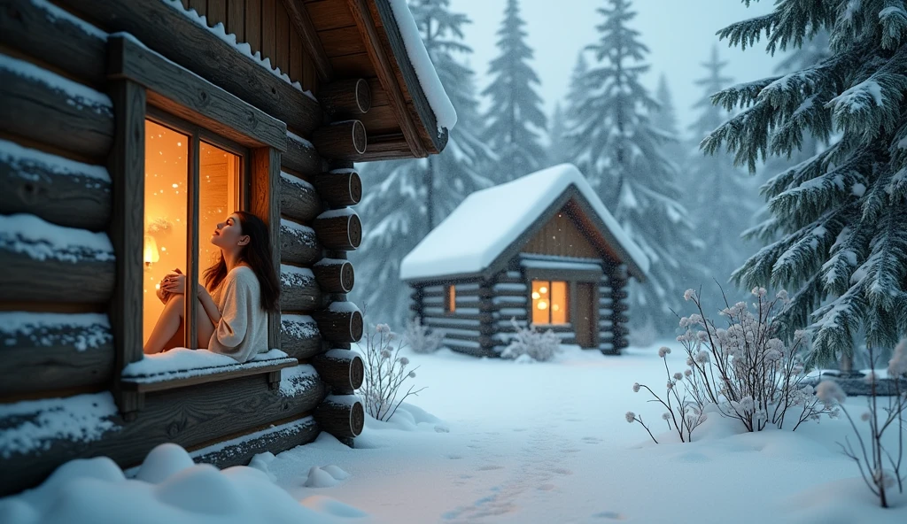 a house in a winter forest, a beautiful girl sits outside the window and looks out the window.