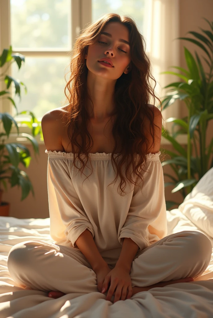 (photorealism:1.2), beautiful woman, sitting on bed, wearing loose off-shoulder top, pajama pants, long curly hair, indoors, soft lighting, plants in background, window with sunlight, cozy room, relaxed pose, realistic, intricate details, warm colors