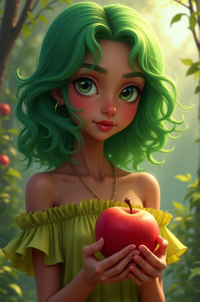 a brown girl with mid length wavy green hair holding an apple