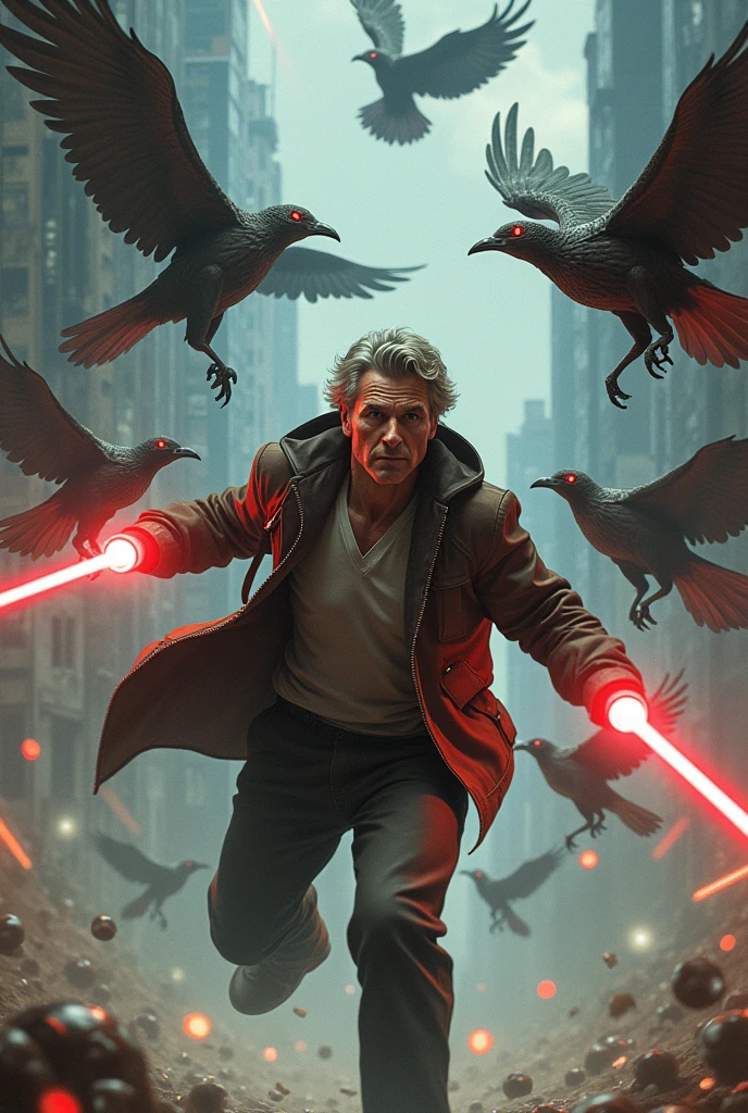 Douglas being attacked by laser beam birds