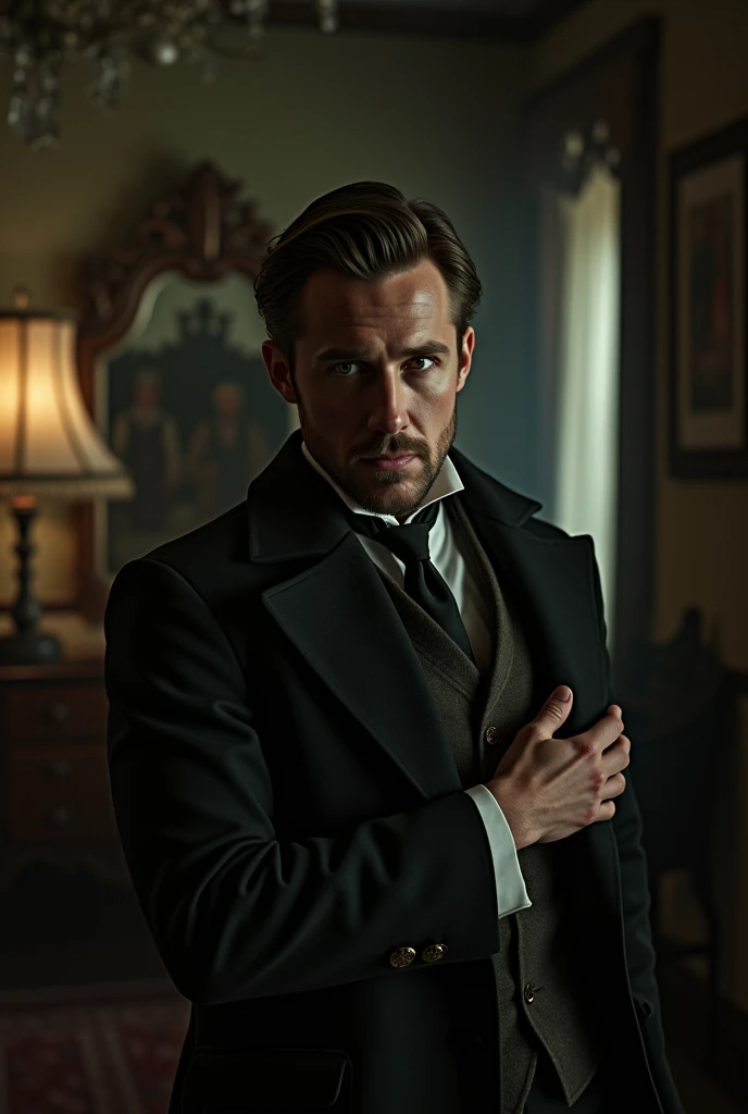 Rian Gosling is in the 1900&#39;s by day.
Rian Gosling is looking scared inside the house