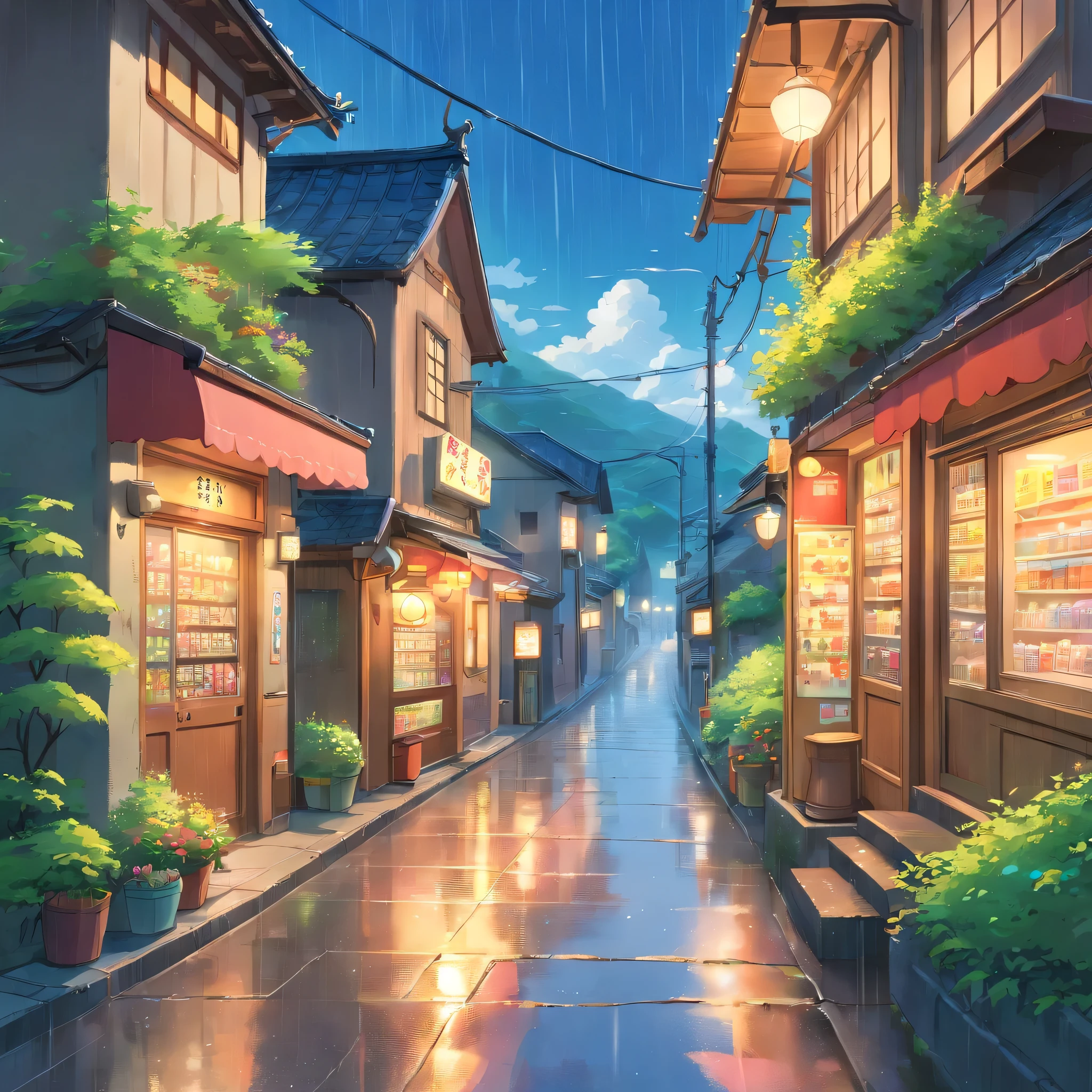 in the rain、high resolution、Cloudy、Photorealistic Stick、Calm down、vending machine、Japan townscape、Electric pole、A little bit of nature、Paved roads、Emotional、Countryside view、panorama、Wide angle、scenery、rain、garden、Public phone、post、ズームアウト✕2