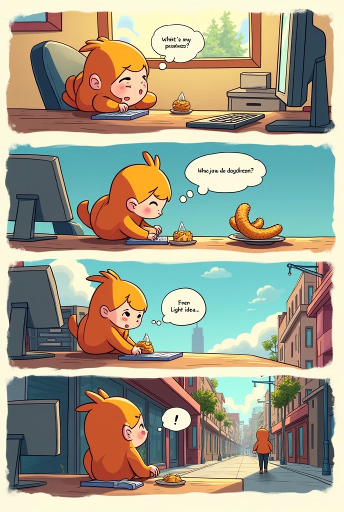 A 4-panel comic strip with an animated character. In panel 1, the character is sitting at a desk, looking bored. In panel 2, thecharacter is thinking of something sweet and joyful. In panel 3, the character has an idea represented by a light bulb. In panel 4, the character is walking down the street relaxed and happy, eating a churro.