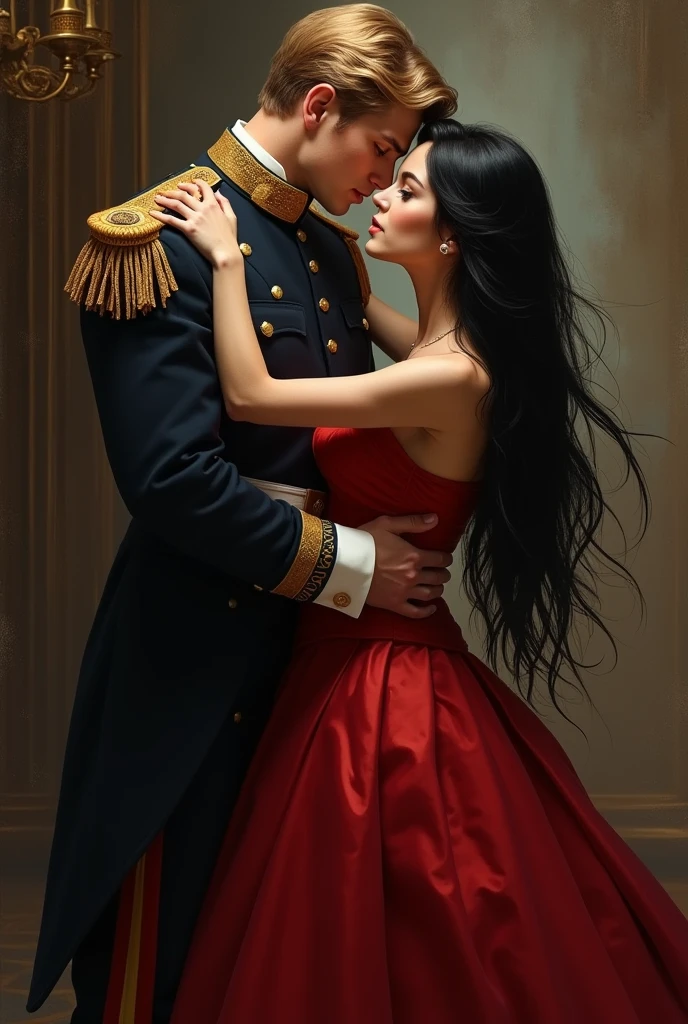 A TALL WHITE BLONDE MAN WITH BLUE EYES IS A COLONEL KISSING A BLACK-HAIRED WOMAN WITH LONG STRAIGHT HAIR IN A RED DRESS AND GREY EYES