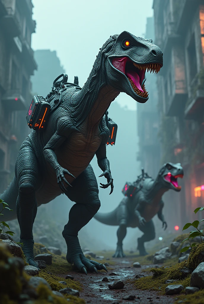 A futuristic landscape with dinosaurs using various weapons, highly detailed, 8k, photorealistic, dramatic lighting, cinematic, moody colors, dynamic composition, dinosaurs with advanced cybernetic implants and futuristic weaponry, overgrown ruins, crumbling architecture, neon lights, glowing technology, dynamic action pose, cinematic camera angle