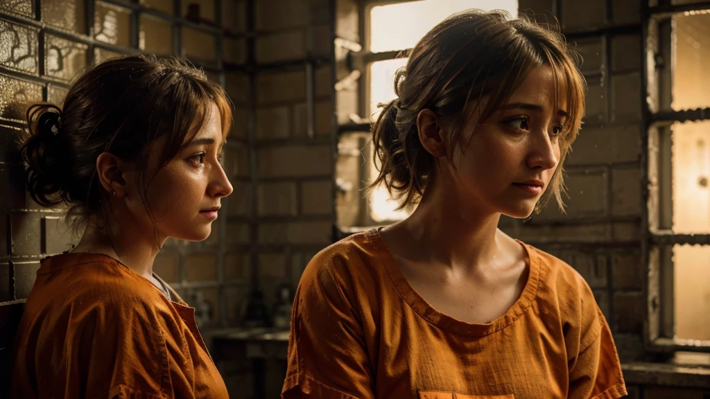 ((realism)), extremely high quality RAW photograph, detailed background, intricate, messy hair, Exquisite details and textures, highly detailed, Photo of (Allison Mack) in a prison cell, (wearing orange prison clothes:1.3), Looking away from the camera, ultra detailed photograph, warm lighting, artstation, 4k, sharp focus, high resolution, detailed skin, detailed eyes, 8k uhd, dslr, low harsh lighting, high quality, film grain, Fujifilm XT3, sad:1.3